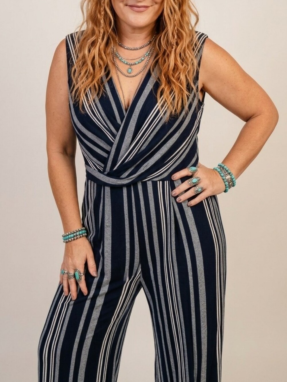 LIKE-NEW Size Small Elegant Navy & White Striped Romper Wide Leg Jumpsuit - Picture 1 of 15